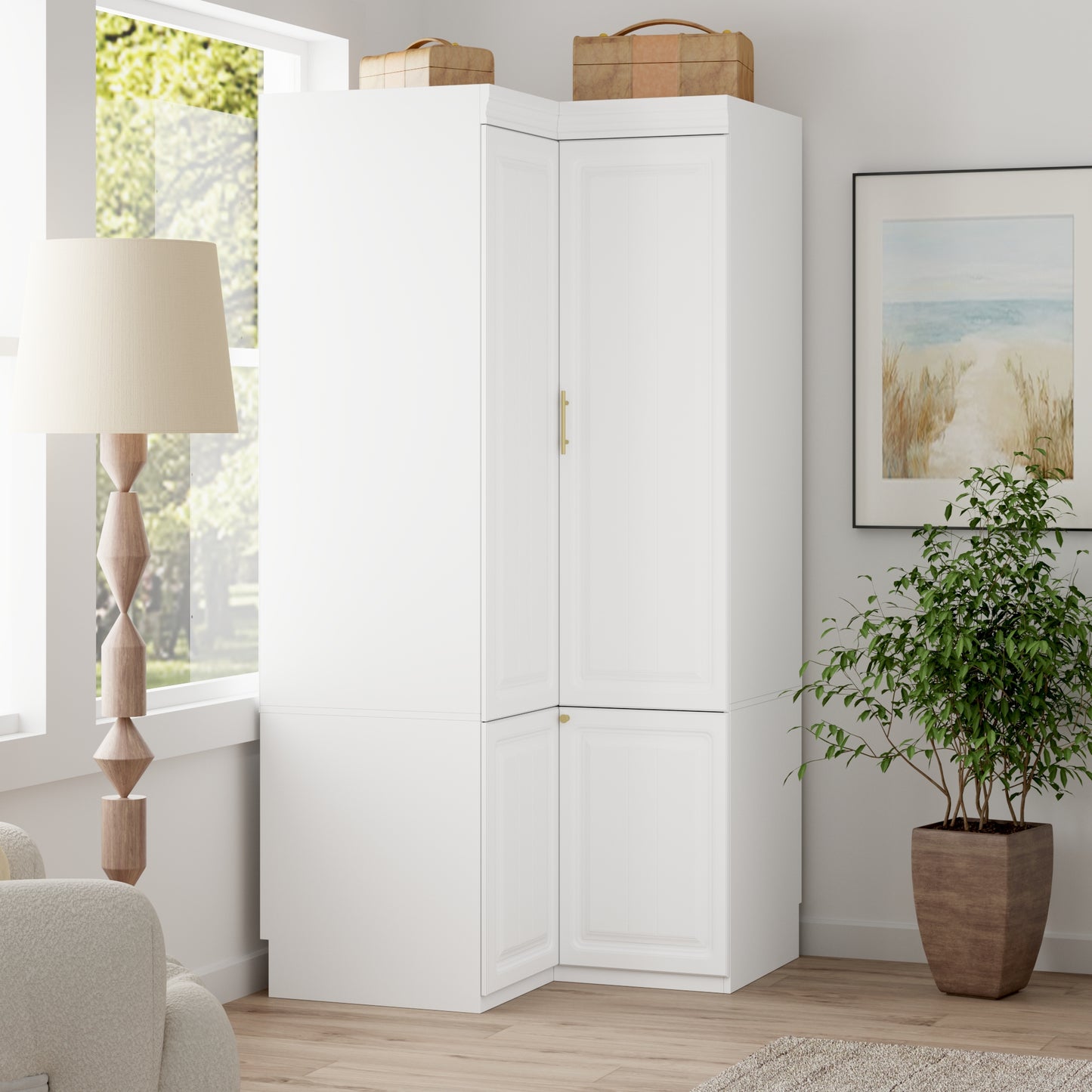 WIAWG Corner Wardrobe, Cabinet with 4-Tier Corner Display Case with Shelves, Cabinet with Metal Handles, White