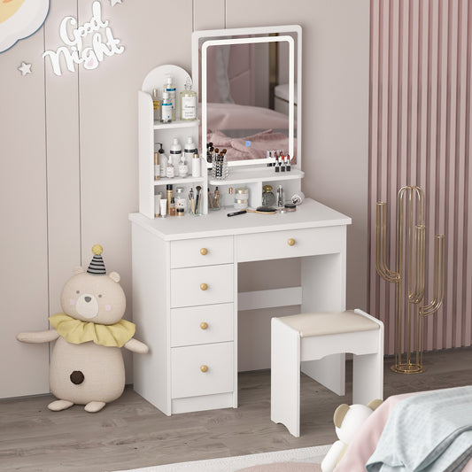 WIAWG Makeup Vanity Set with Drawers, Light and Mirror for Girl White