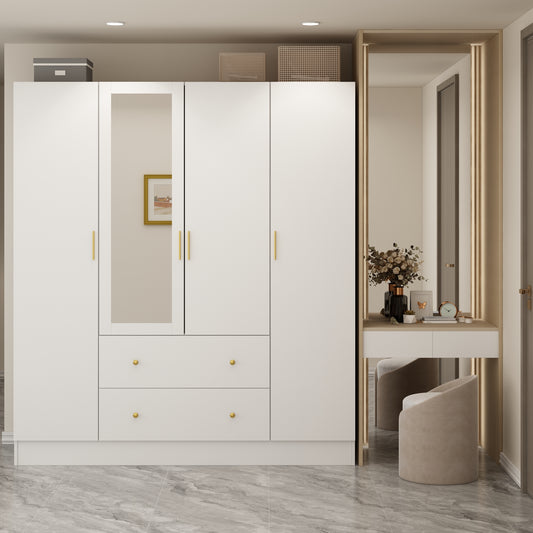 WIAWG Modern Mirrored Armoire Closet for Bedroom, 4 Door Wardrobe with Hanging Rods, Drawers and Shelves, White