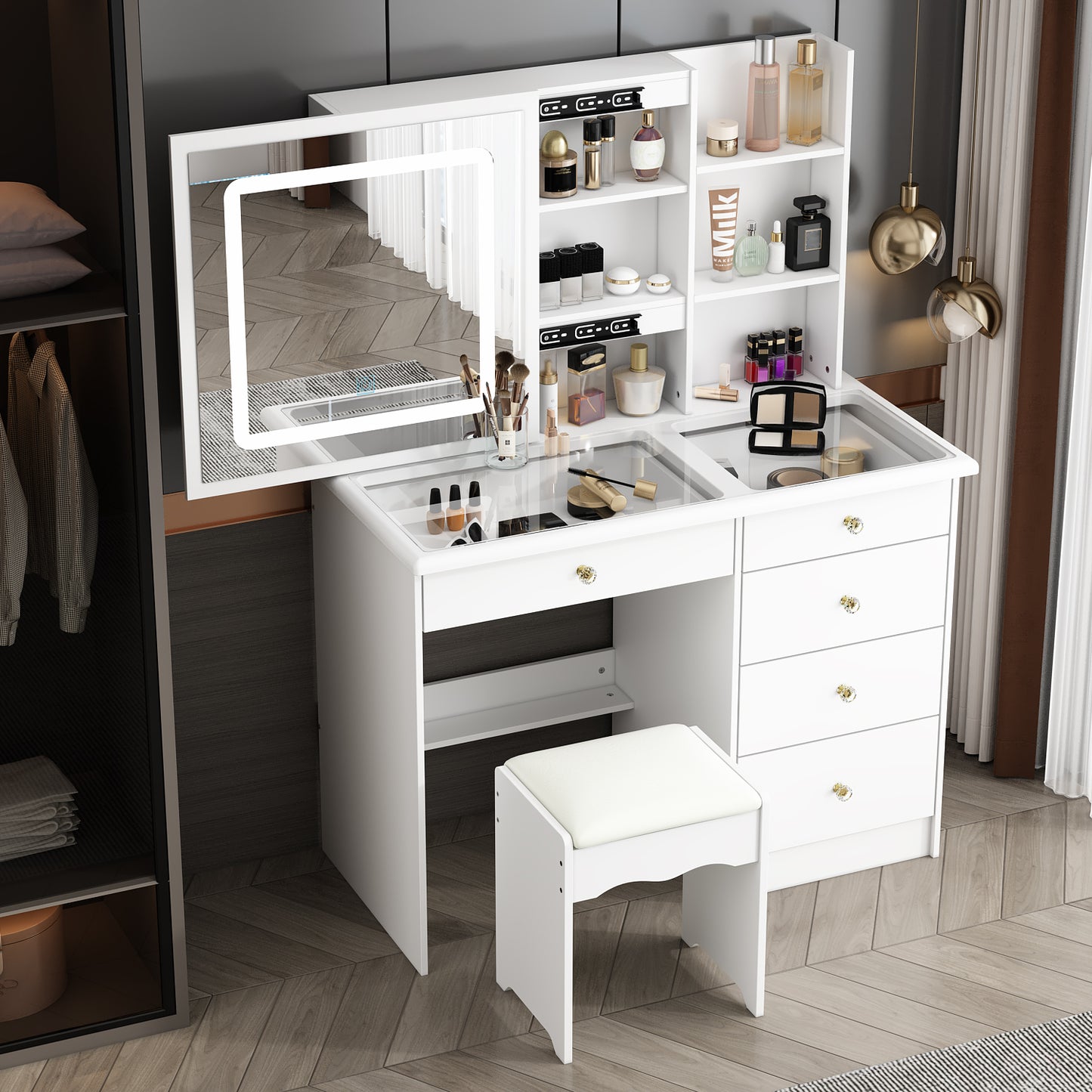 WIAWG Modern Vanity Desk Set with Glass Top, Drawers and Shelves, Makeup Table with Large Sliding Lighted Mirror for Bedroom, White