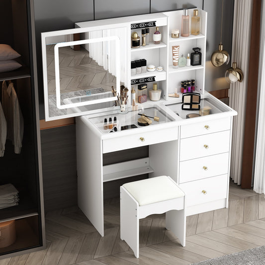 WIAWG Modern Vanity Desk Set with Glass Top, Drawers and Shelves, Makeup Table with Large Sliding Lighted Mirror for Bedroom, White