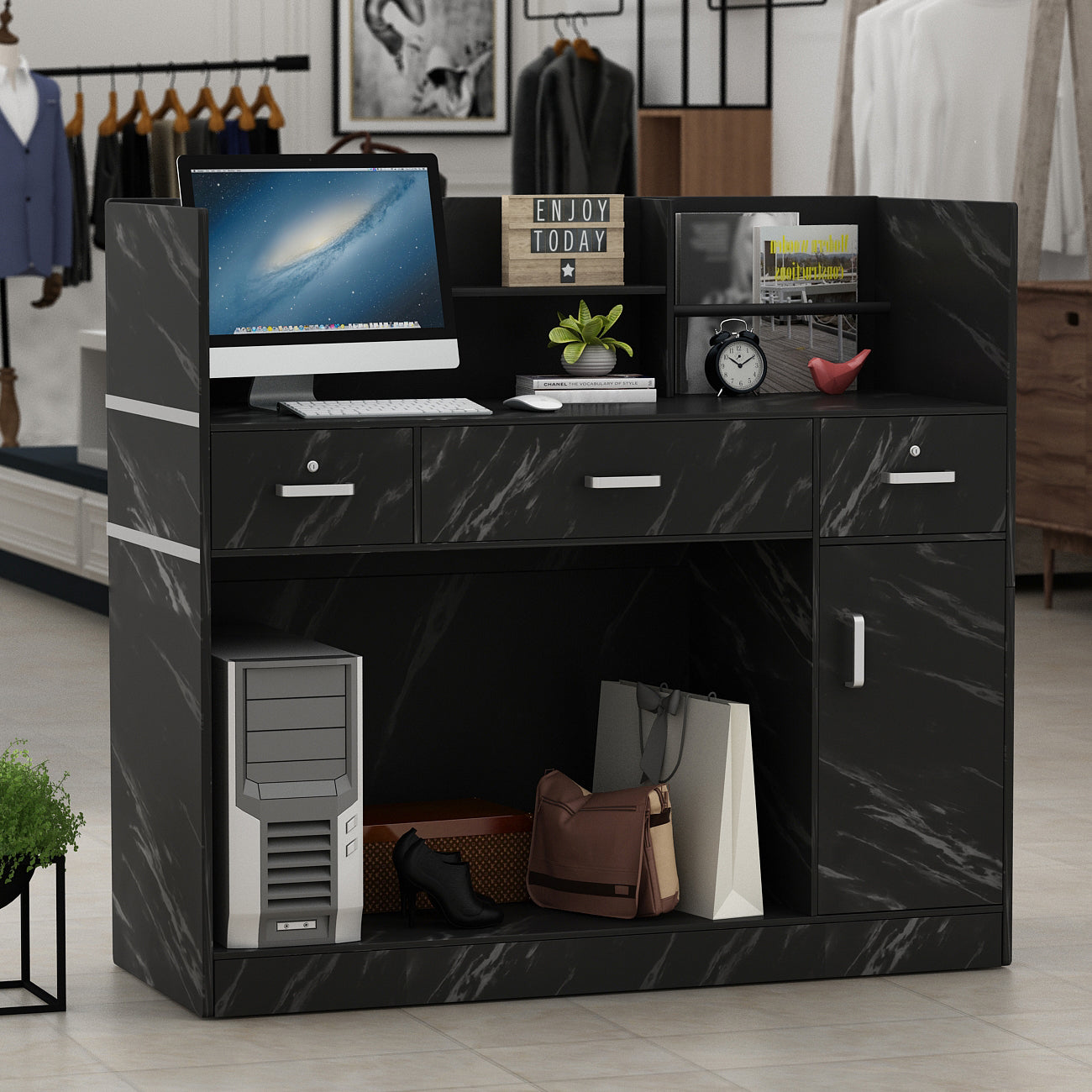 WIAWG Office Reception Desk with Counter, Modern Reception Station with Drawer, Black
