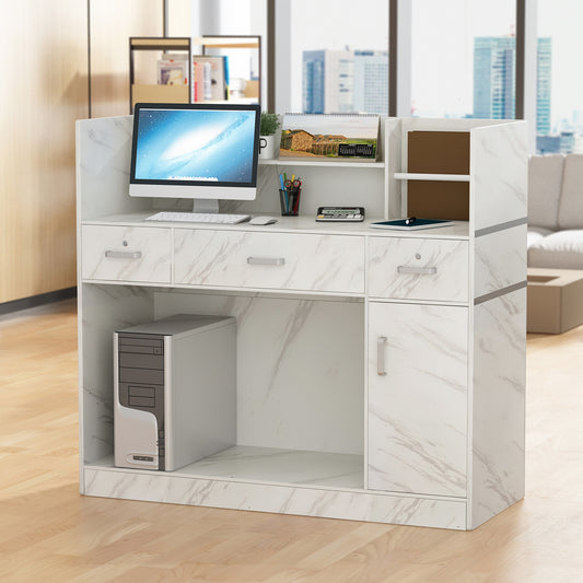 WIAWG Office Reception Desk with Counter, Modern Reception Station with Drawer, Marble