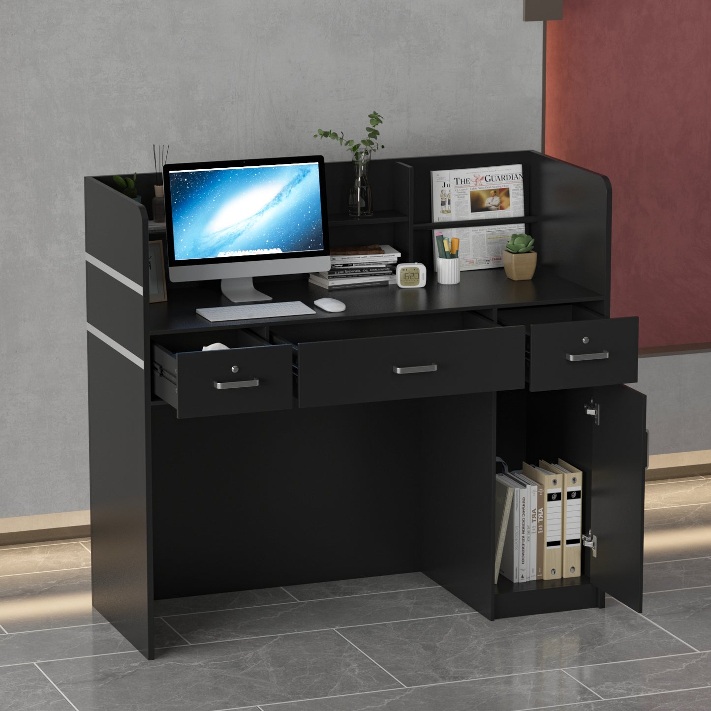 WIAWG Reception Station with Counter, Office Register Stand Reception Area with Drawers, Black