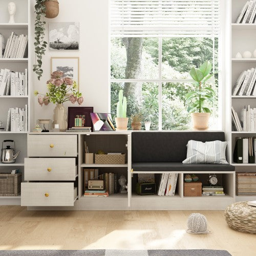 WIAWG Upholstered Shoe Storage Bench with Drawers, Beige Seat with Black Cushion, 3-Drawer and Open Shelves,Off-White