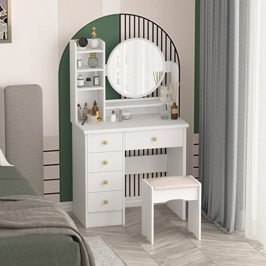 WIAWG Vanity Set with Round Mirror for Bedroom Makeup Dressing Table with Drawers for Girls White