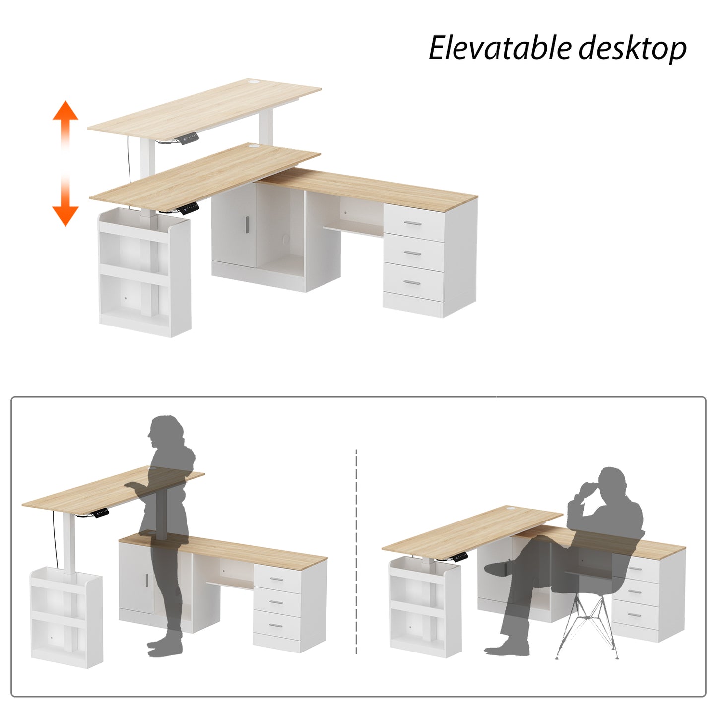 Wiawg 63" Electric Height Adjustable Standing Desk, , L Shaped Home Office Table,Oak&White
