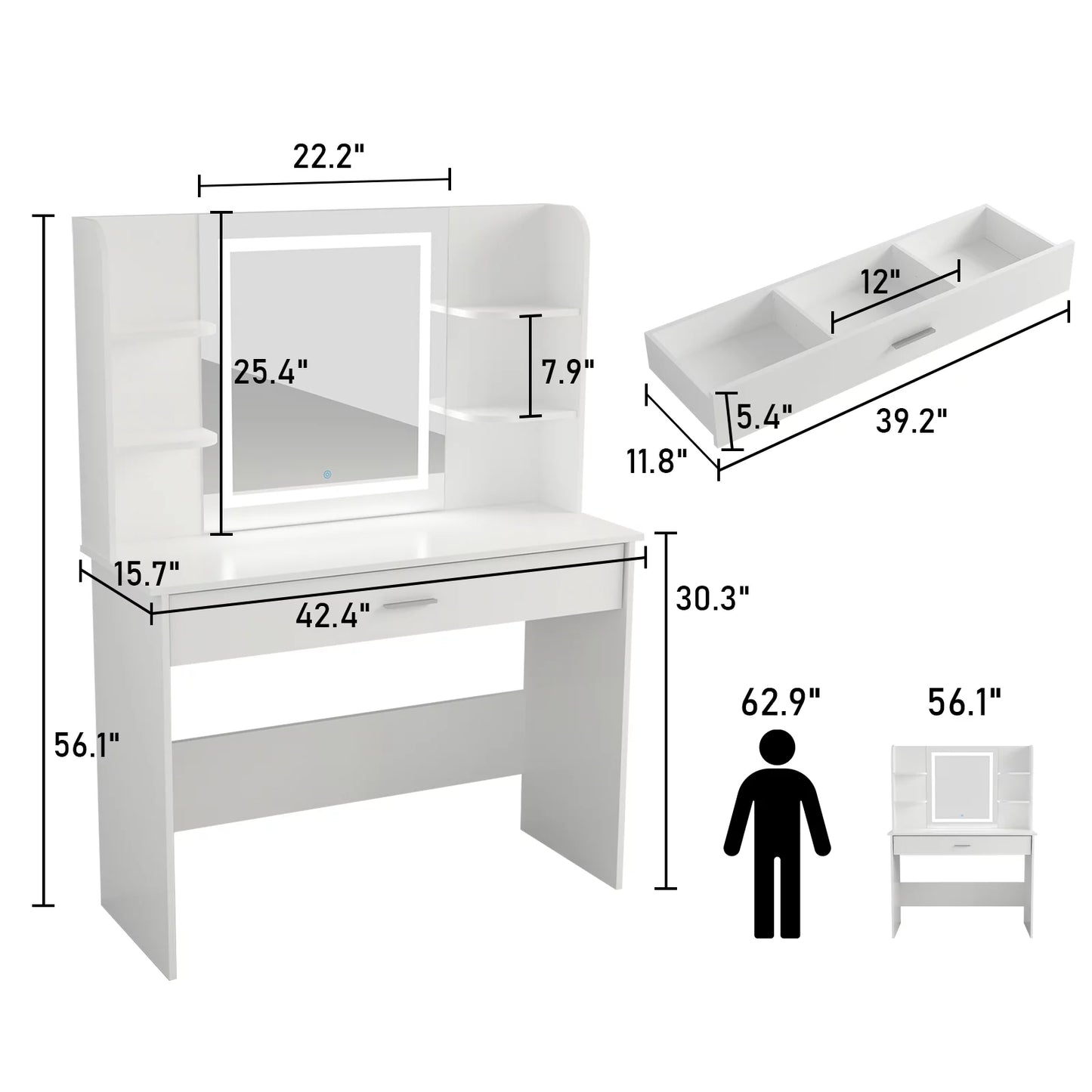 WIAWG Vanity Set with LED Lighted Mirror, Makeup Table Dressing Desk with Storage Shelves and Drawer for Bedroom