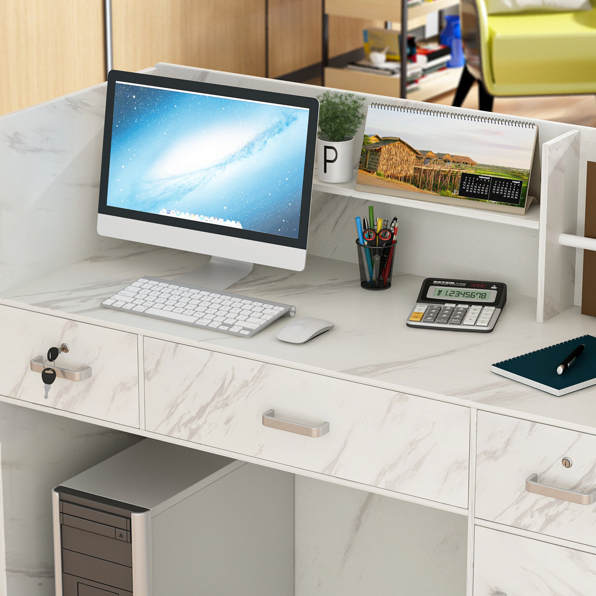 WIAWG Office Reception Desk with Counter, Modern Reception Station with Drawer, Marble
