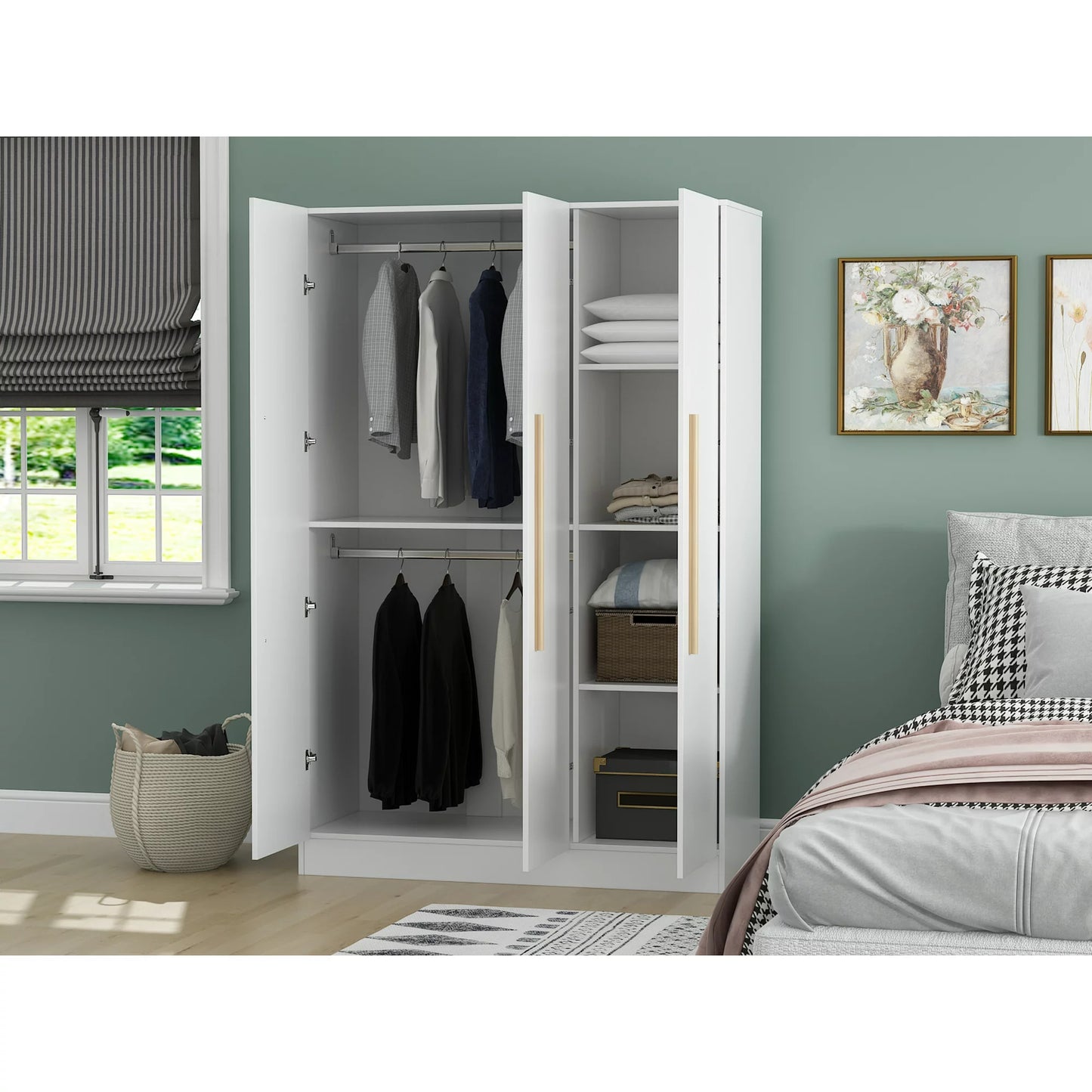 WIAWG 3 Door Wardrobe Armoire Closet with Hanging Rods and Shelves White