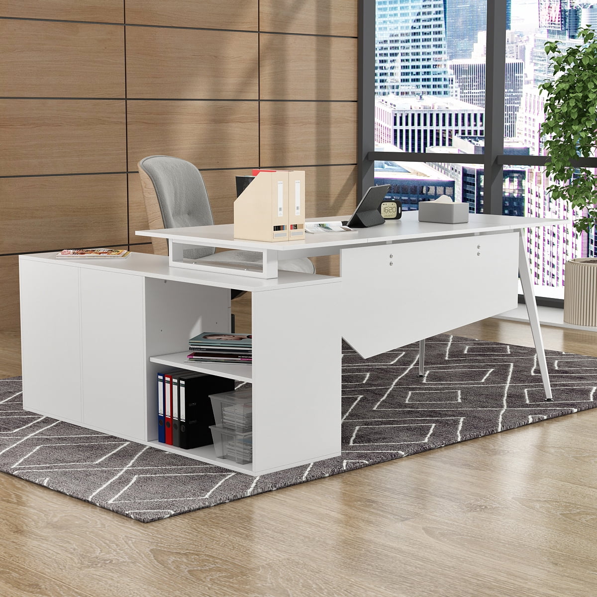 WIAWG L Shaped Desk with Drawers and Shelves Office Computer Desk with Storage White 63"