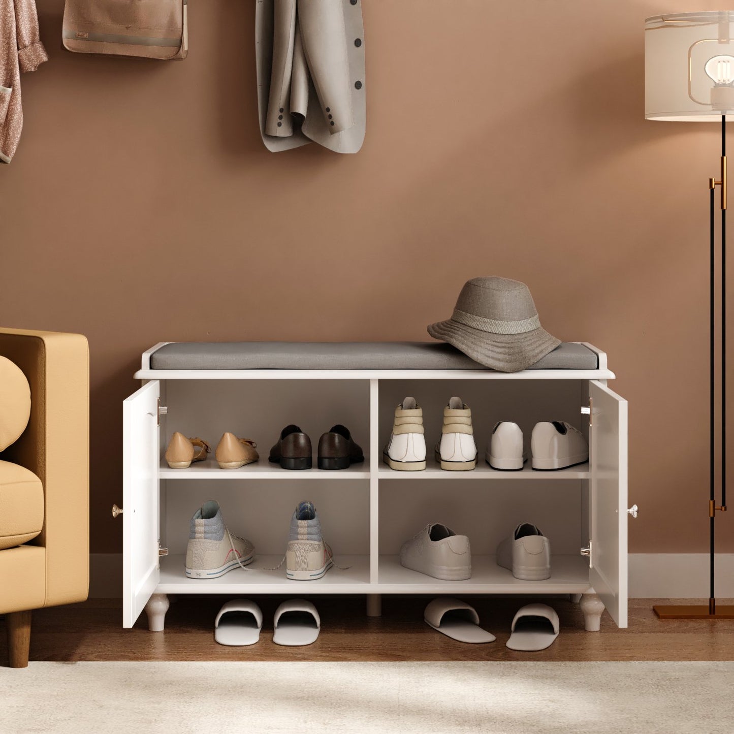WIAWG Shoe Storage Bench with Gray Cushion Seat for Entryway
