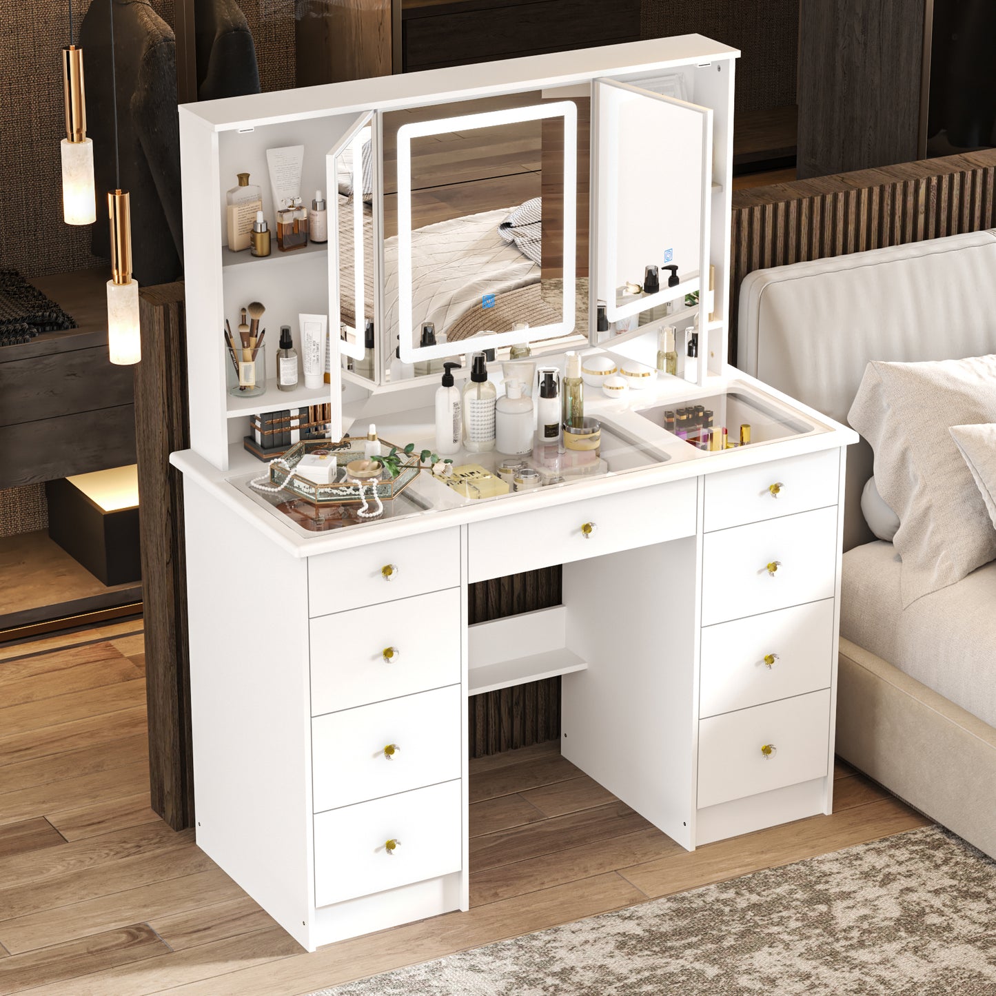 WIAWG Modern Adult Vanity Table Set with Glass Top&Mirror, LED Lights and 9 Drawers,White