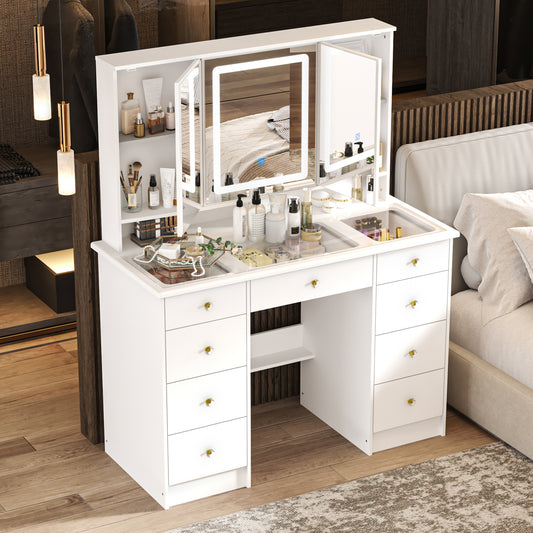 WIAWG Modern Adult Vanity Table Set with Glass Top&Mirror, LED Lights and 9 Drawers,White