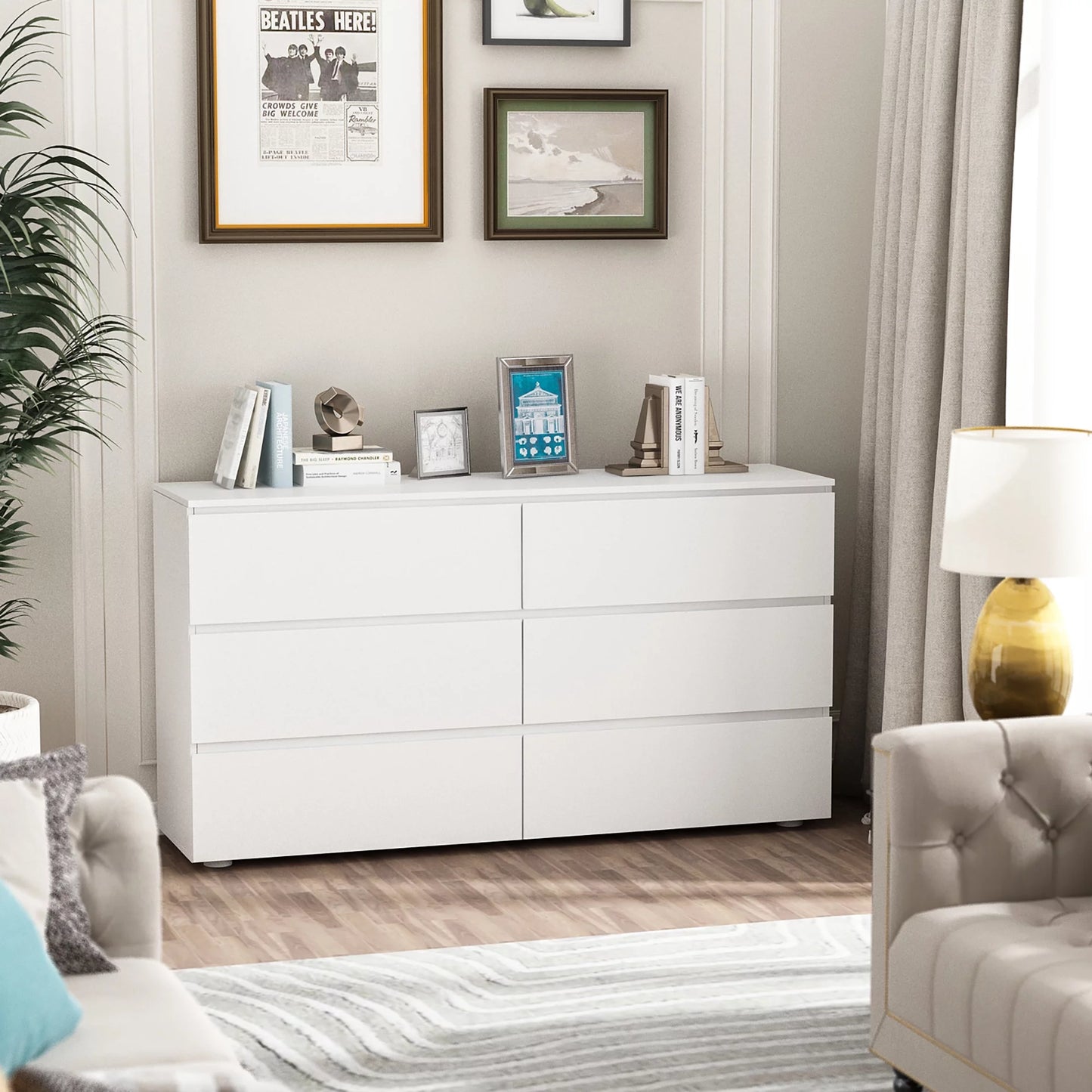 WIAWG Modern 6-Drawer Dresser Chest Side Cabinet for Bedroom/Living Room Wooden White