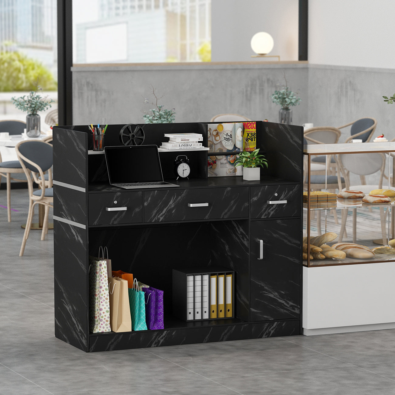 WIAWG Office Reception Desk with Counter, Modern Reception Station with Drawer, Black