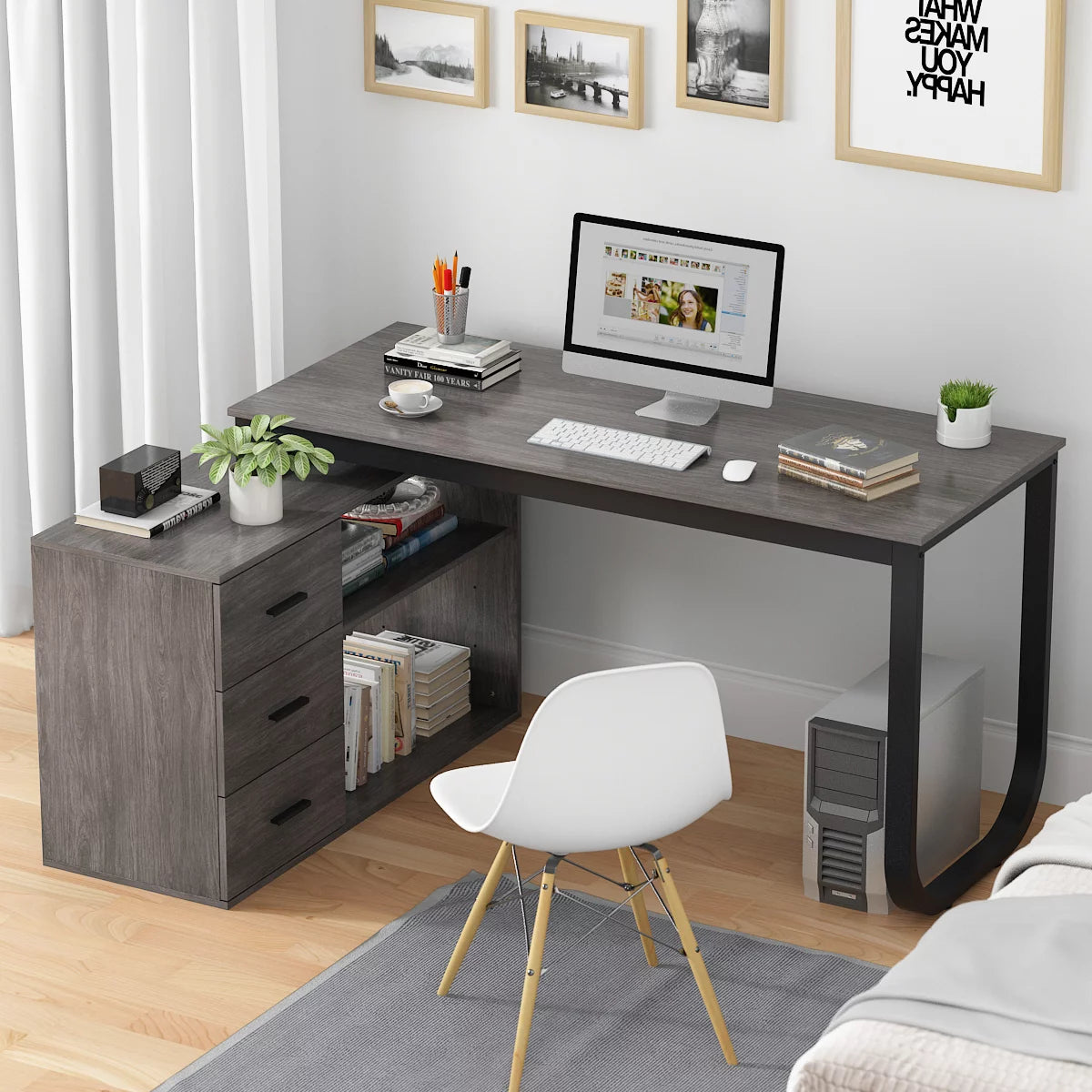 Modern Computer Desk with 3 Drawers Office Writing Desk with Hutch Gray