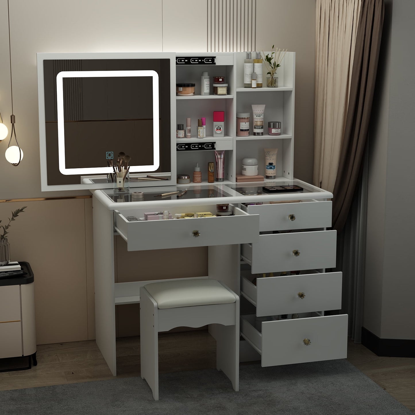 WIAWG Modern Vanity Desk Set with Glass Top, Drawers and Shelves, Makeup Table with Large Sliding Lighted Mirror for Bedroom, White