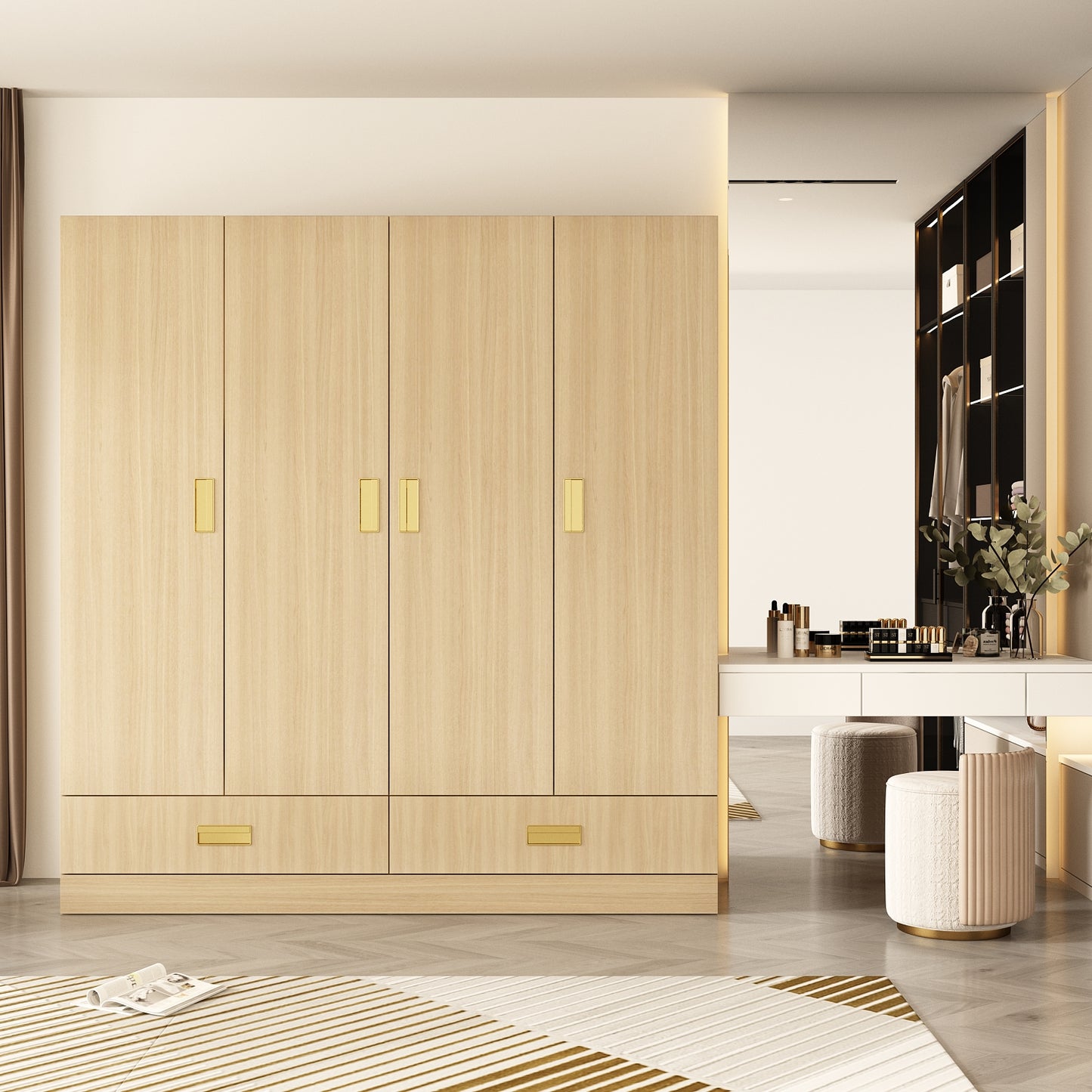 WIAWG 4-Doors Wardrobe with Wooden Color Finish ,2 Bottom Drawers with High Storage Capacity for Bedroom,Natural