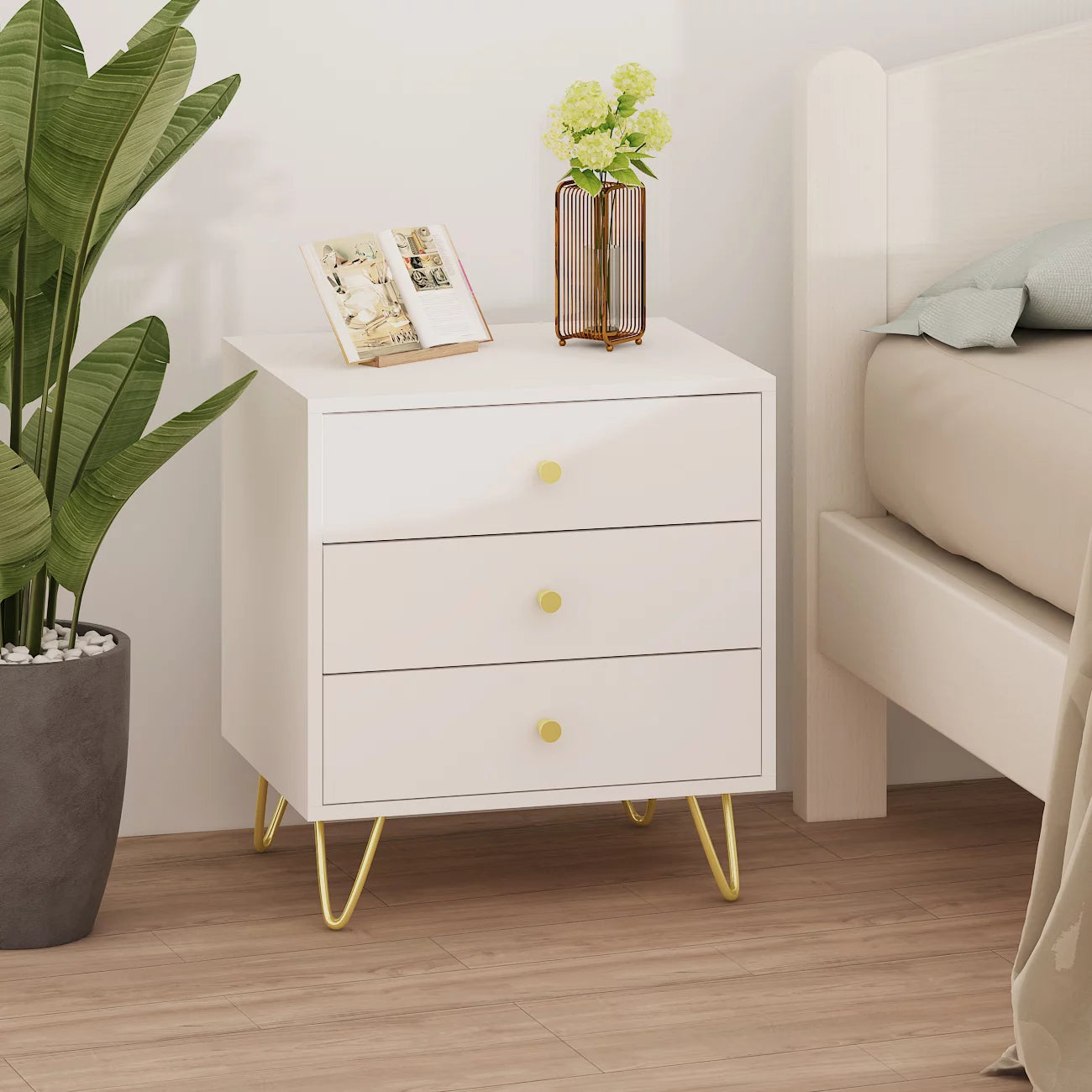 WIAWG Mid-Century Modern White Nightstand Set of 2 with 3 Drawer for Bedroom Living Room, Wooden End Table