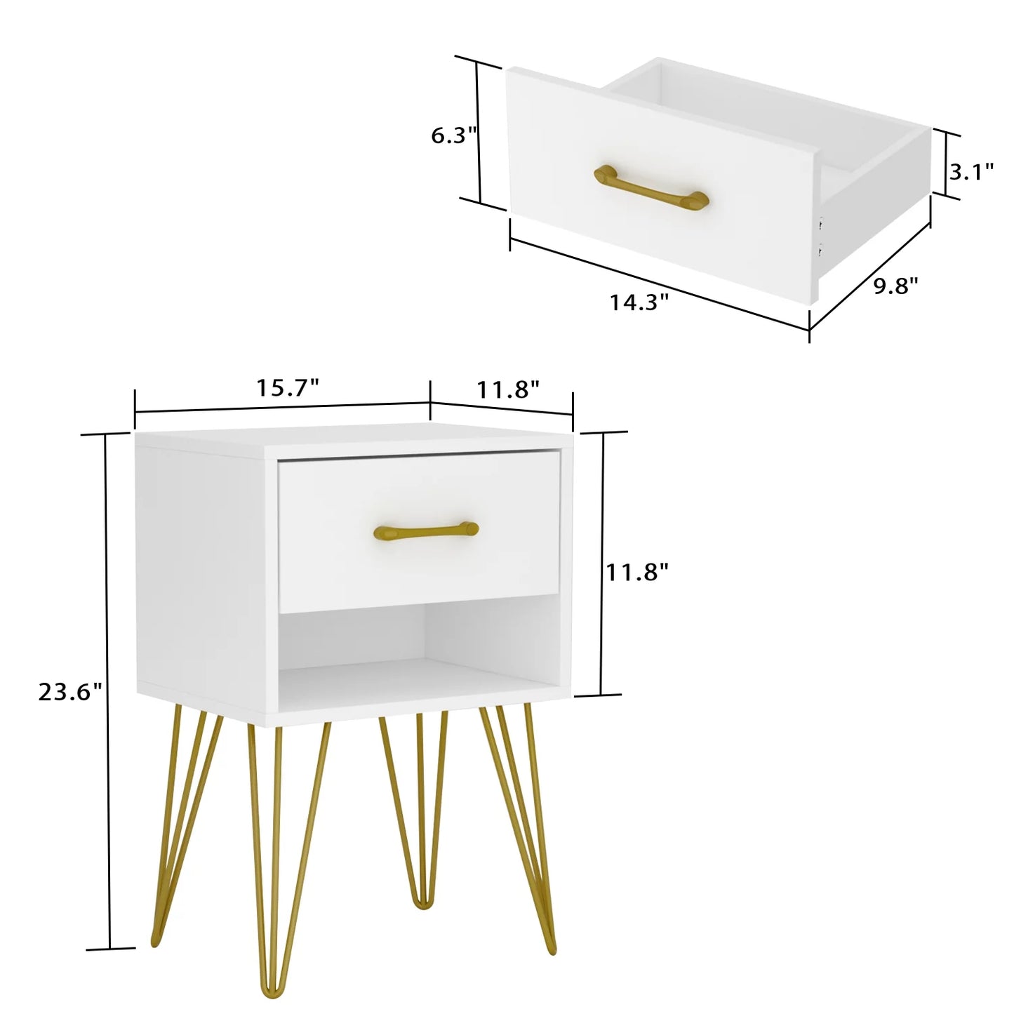 WIAWG Nightstand 2 Drawers, End Side Desk with Metal Legs for Living Room, White