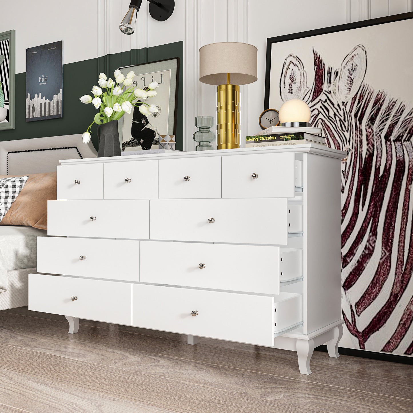 WIAWG 10 Drawer Double Dresser, Wood Dresser Chest of Drawers for Home Bedroom, White Closet Chest