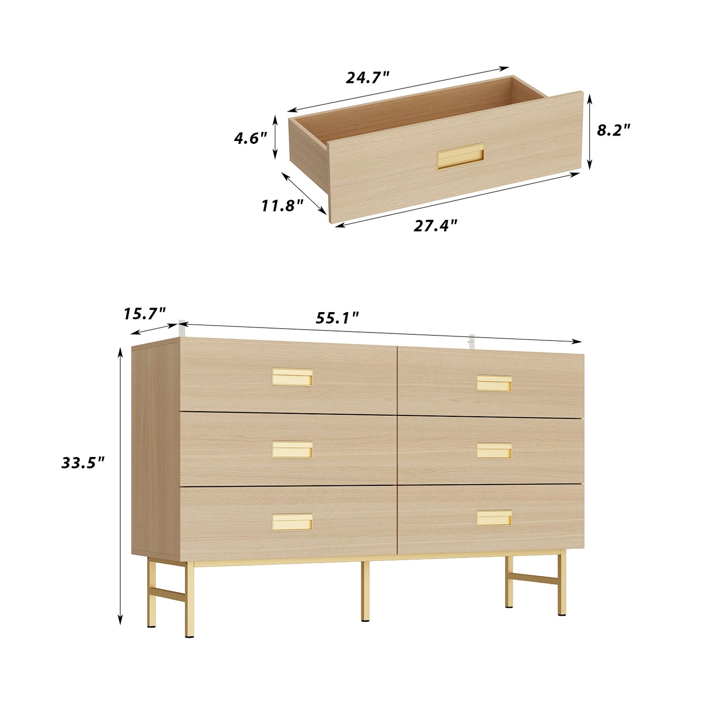 WIAWG 6 Drawer Double Dresser ,Sturdy Modern Dresser with Drawers for Closet,Living Room,Entryway,Natural