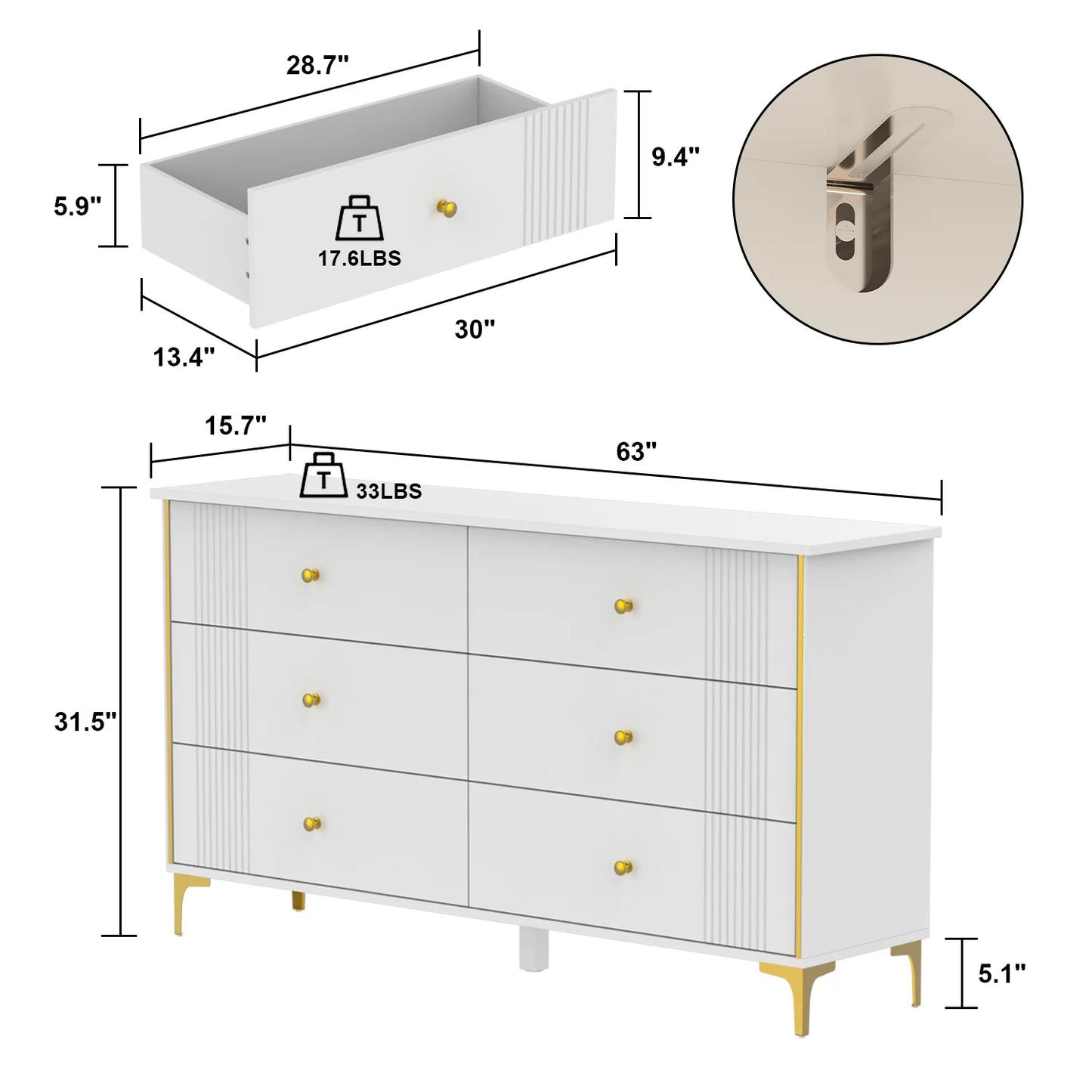 WIAWG 6 Drawe Dresser, White Storage Dresser Chest, 63" W