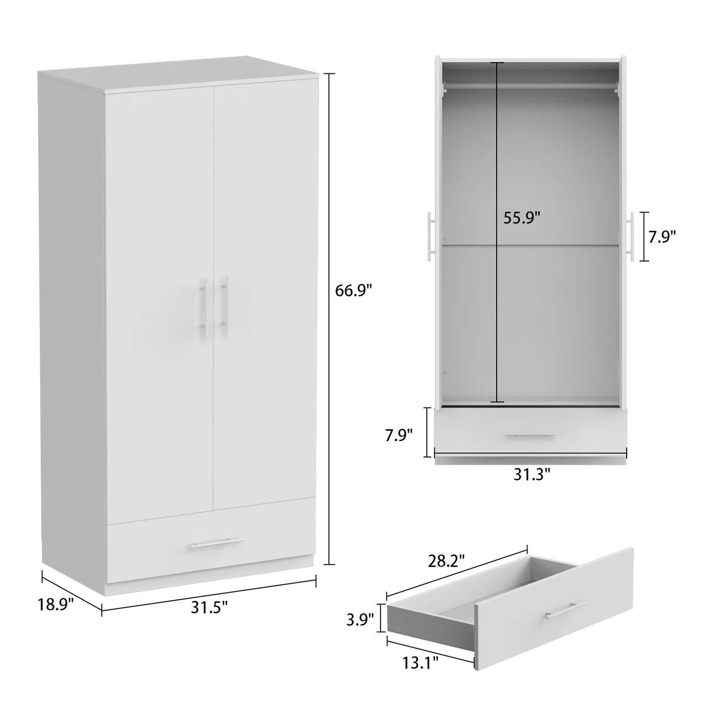 2 Door Armoire Wardrobe Cabinet with Drawer for Bedroom White