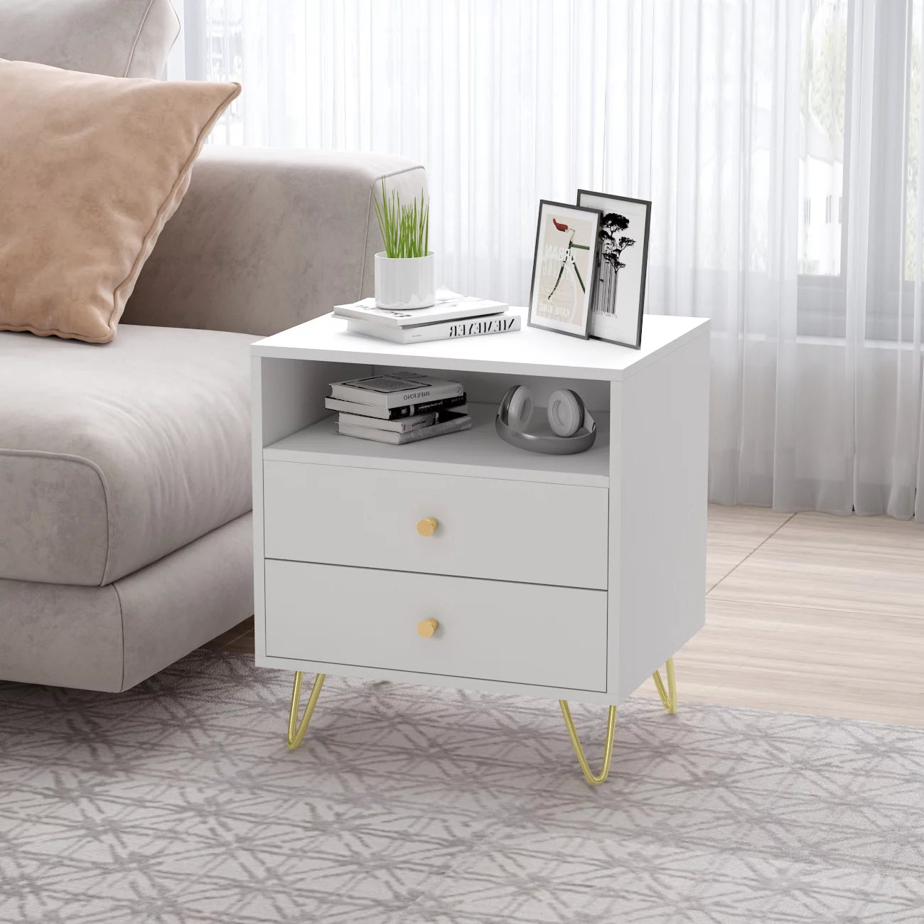 WIAWG White Nightstand with Open shelf and Drawers Modern Side Sofa Table End Table