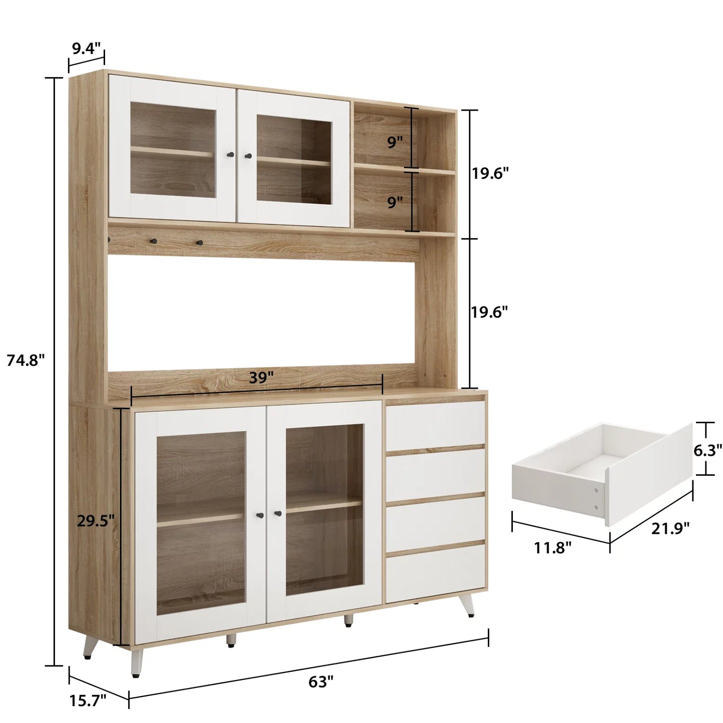 WIAWG Modern Kitchen Pantry Storage Cabinet with Hutch and Drawers, 63” Sideboard Buffet Cupboard with Glass Door, Oak&White