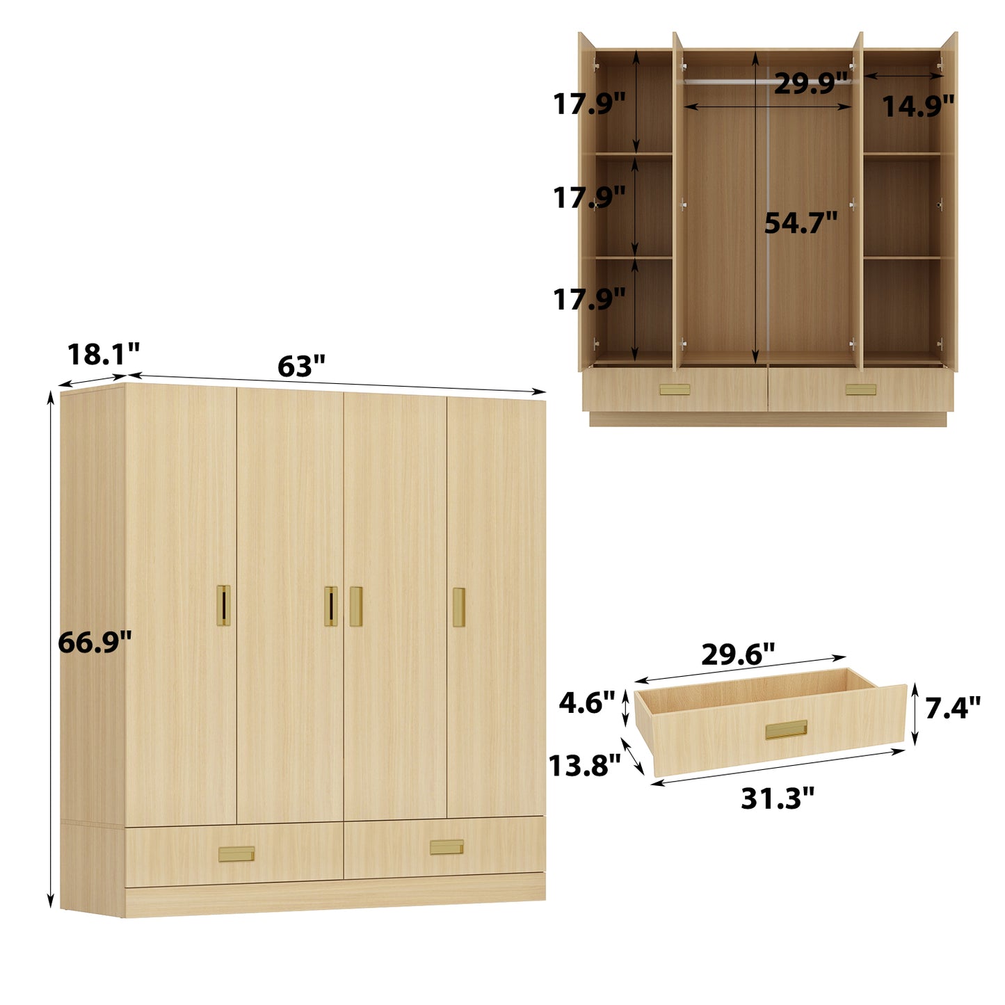 WIAWG 4-Doors Wardrobe with Wooden Color Finish ,2 Bottom Drawers with High Storage Capacity for Bedroom,Natural