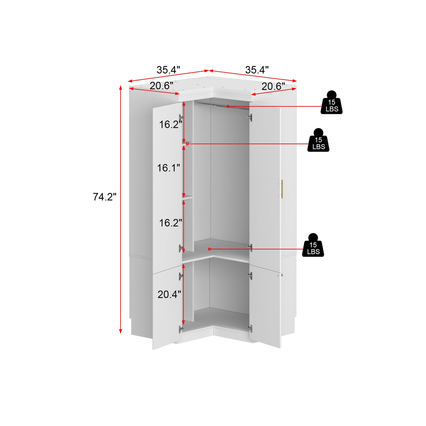 WIAWG Corner Wardrobe, Cabinet with 4-Tier Corner Display Case with Shelves, Cabinet with Metal Handles, White