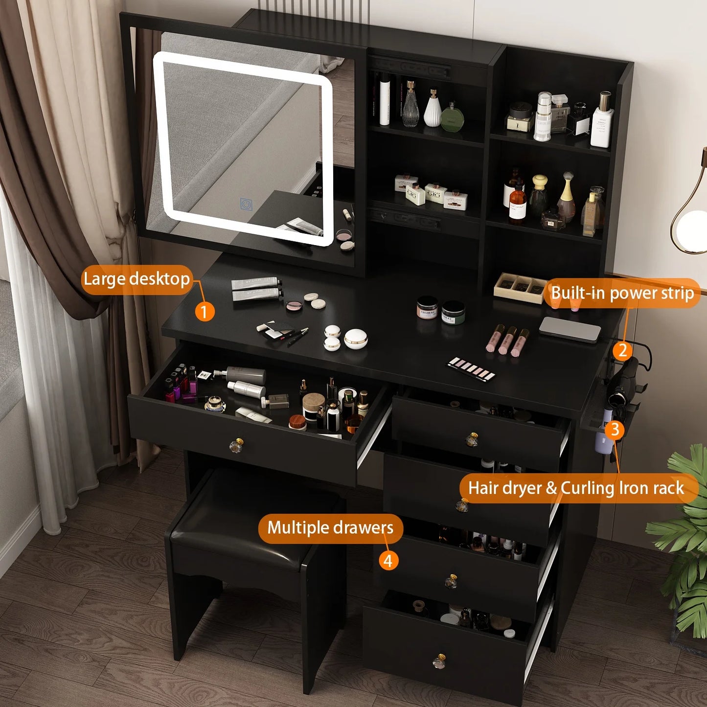 WIAWG Makeup Vanity Table Set with Hair Dryer Holder, Dressing Table with Sliding Lighted Mirror and Charging Station, Black