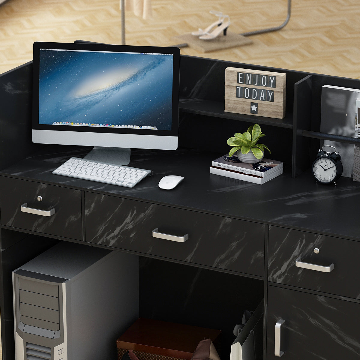 WIAWG Office Reception Desk with Counter, Modern Reception Station with Drawer, Black