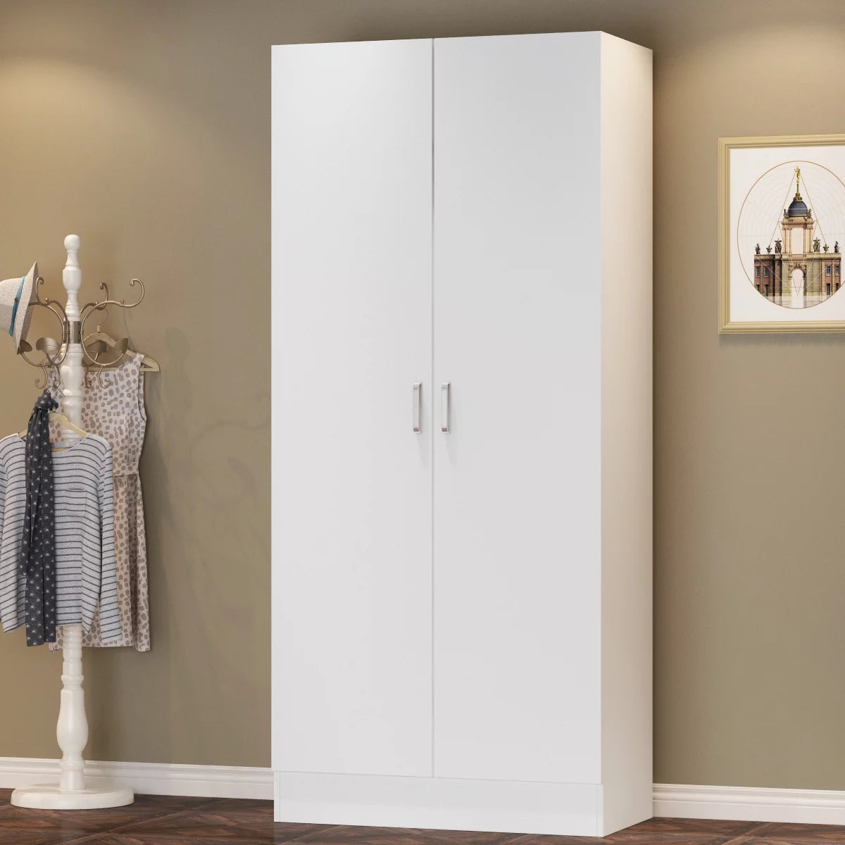 Closet Wardrobe Cube Organizer Storage, Tall 2-Door Storage Cabinet with Shelves and Hanging Bar, White