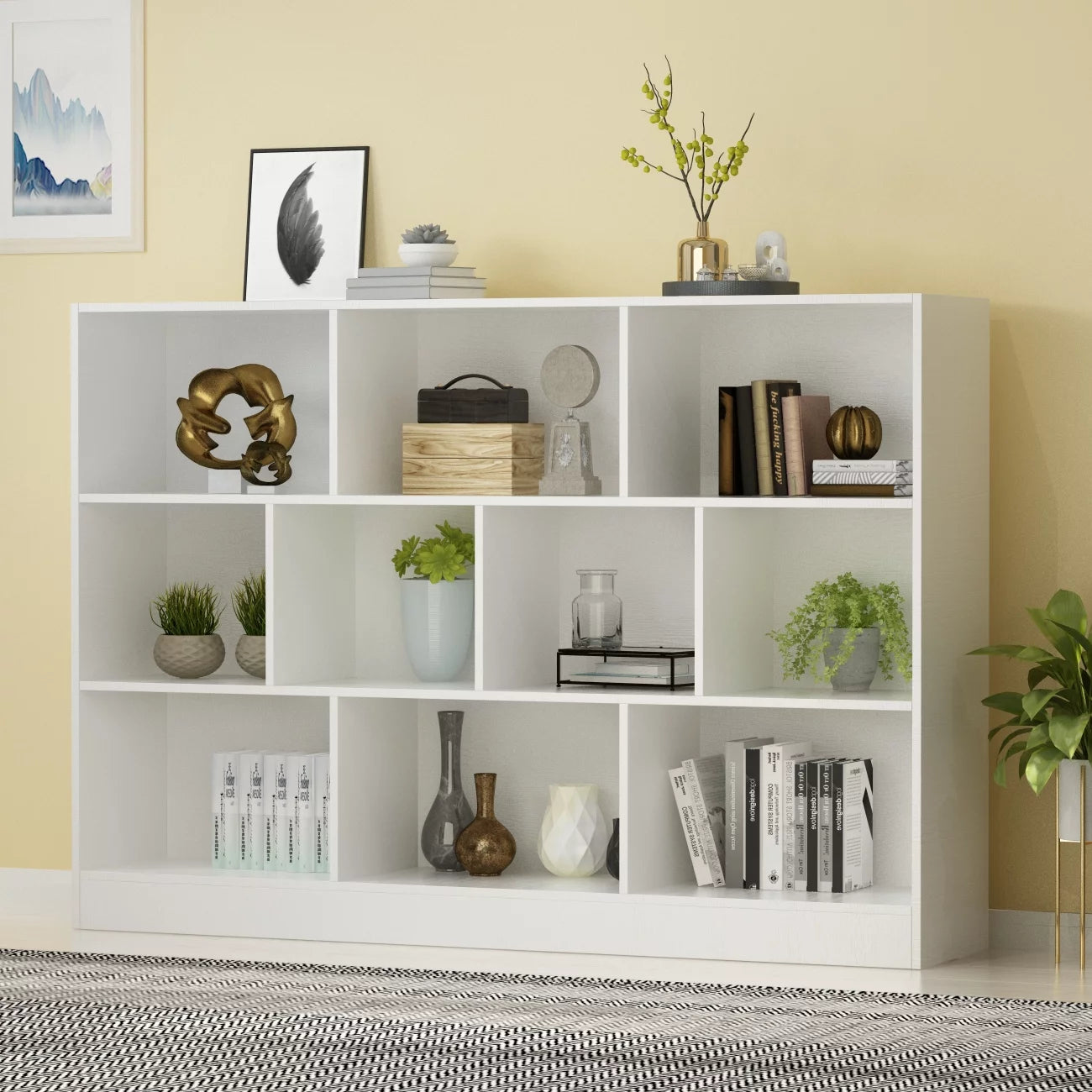 WIAWG Modern Open Shelf Bookcase Cube Storage Organizer for Home White 55.1"