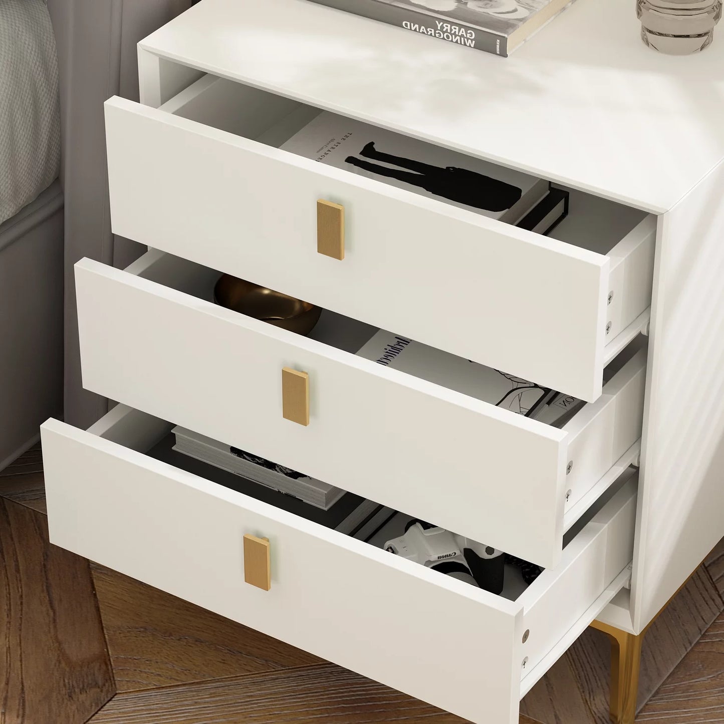 WIAWG Modern Nightstand for Bedroom, Bedside Table with 3 Drawers, White