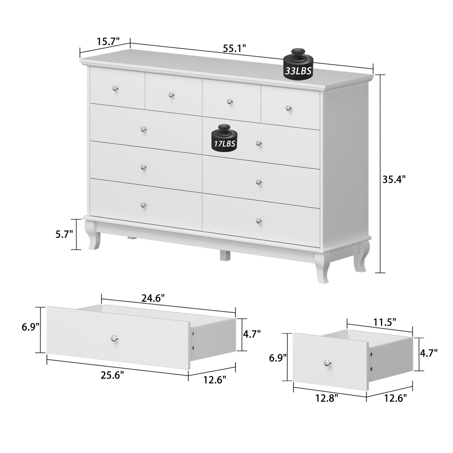 WIAWG Dresser for Bedroom, Wood Chest of Drawers of 10, White Bedroom Storage Furniture