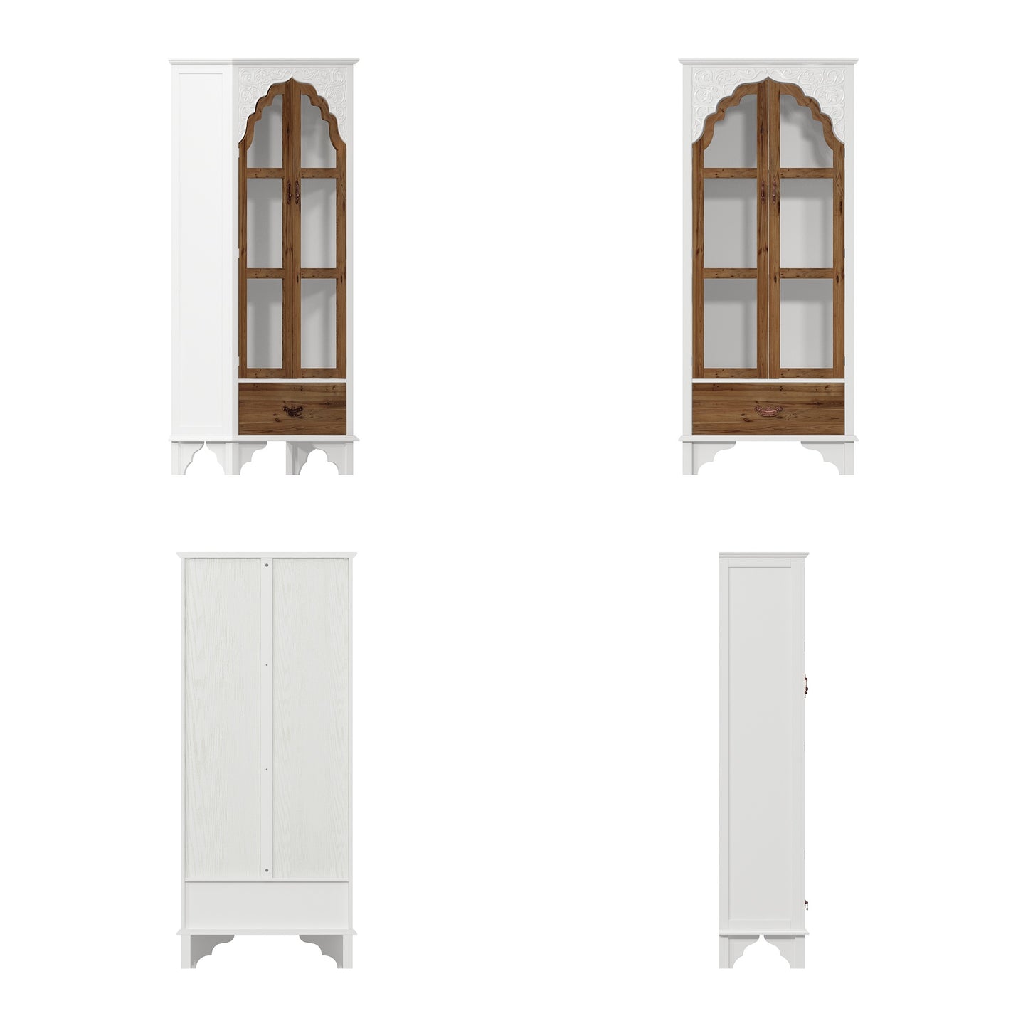 WIAWG Carved Storage Cabinet with 2 Glass Doors & Drawer, Pooja Mandir with 3-Tier Shelves, Decorative Cabinet Display Cabinets for Living Room White and Walnut,70.9”H