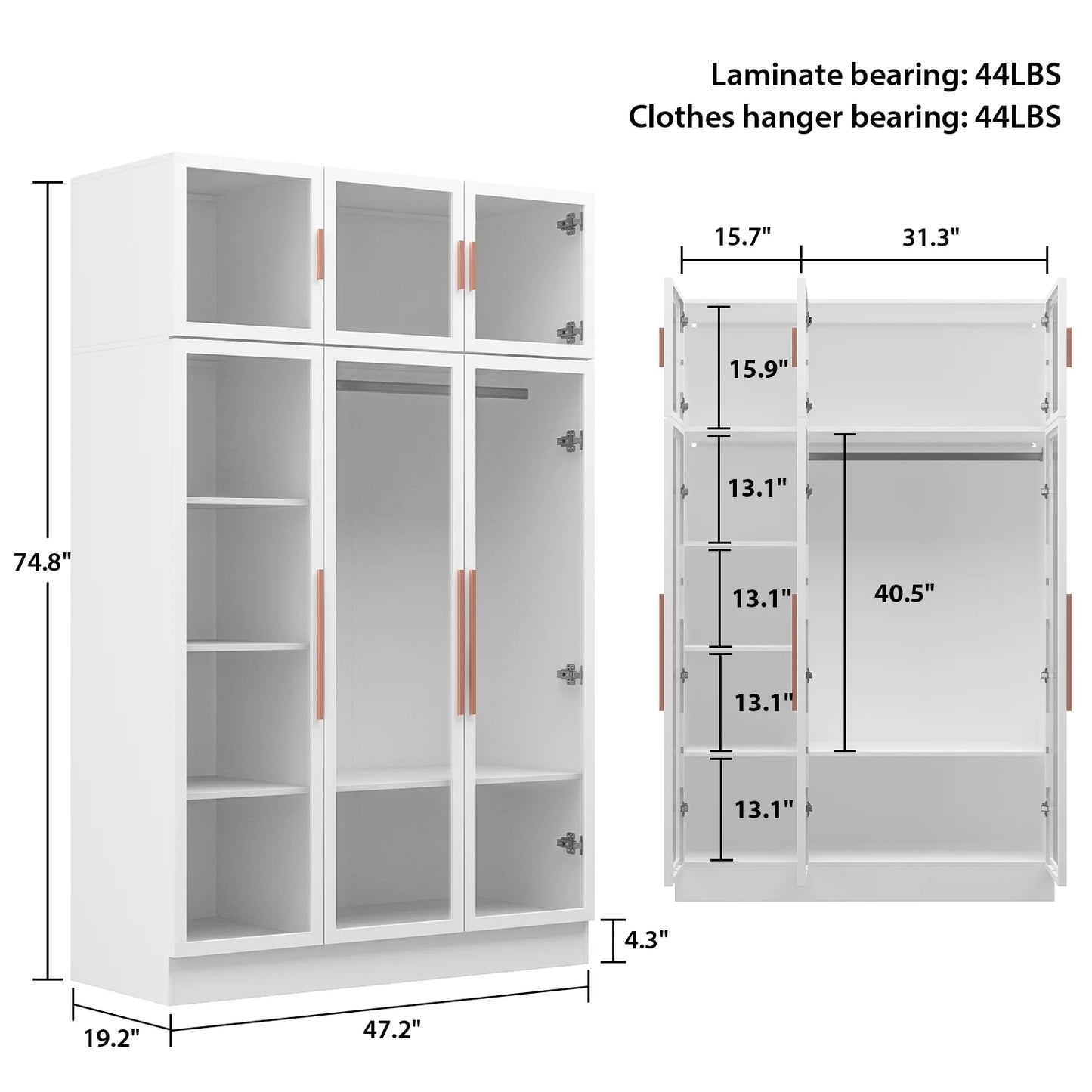 WIAWG Bedroom Wardrobe with Lights, Armoires Closet Storage Cabinet with Hanging Rod and Glass Doors, White