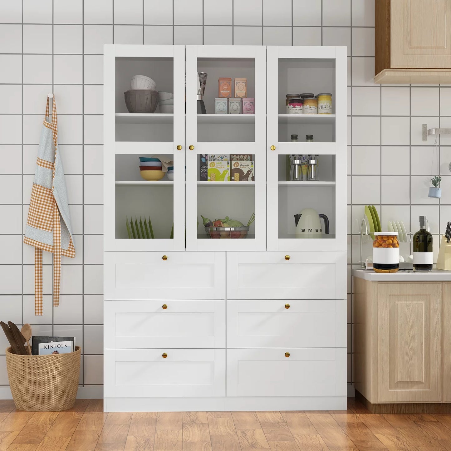 WIAWG Kitchen Pantry Storage Cabinet, Freestanding White Cupboard with 6 Drawers and Glass Door for Dining Room, 70.9"H