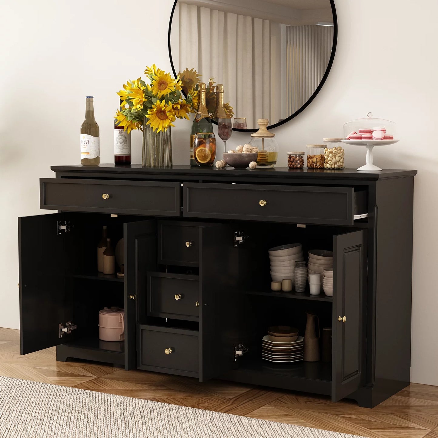 WIAWG Dresser with 5 Drawers, 4-Door Accent Sideboard Buffet, 59.1" Wide, Black