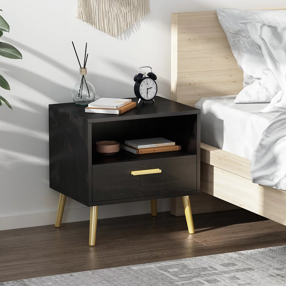 WIAWG Set of 2 Nightstand, End Table with Drawer and Open Shelf for Living Room Bedroom, Black