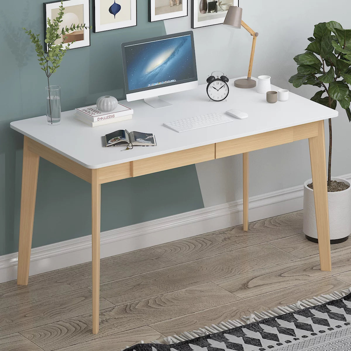 WIAWG Modern Office Desk with Drawer, Simple Computer Table in Home Painted, White