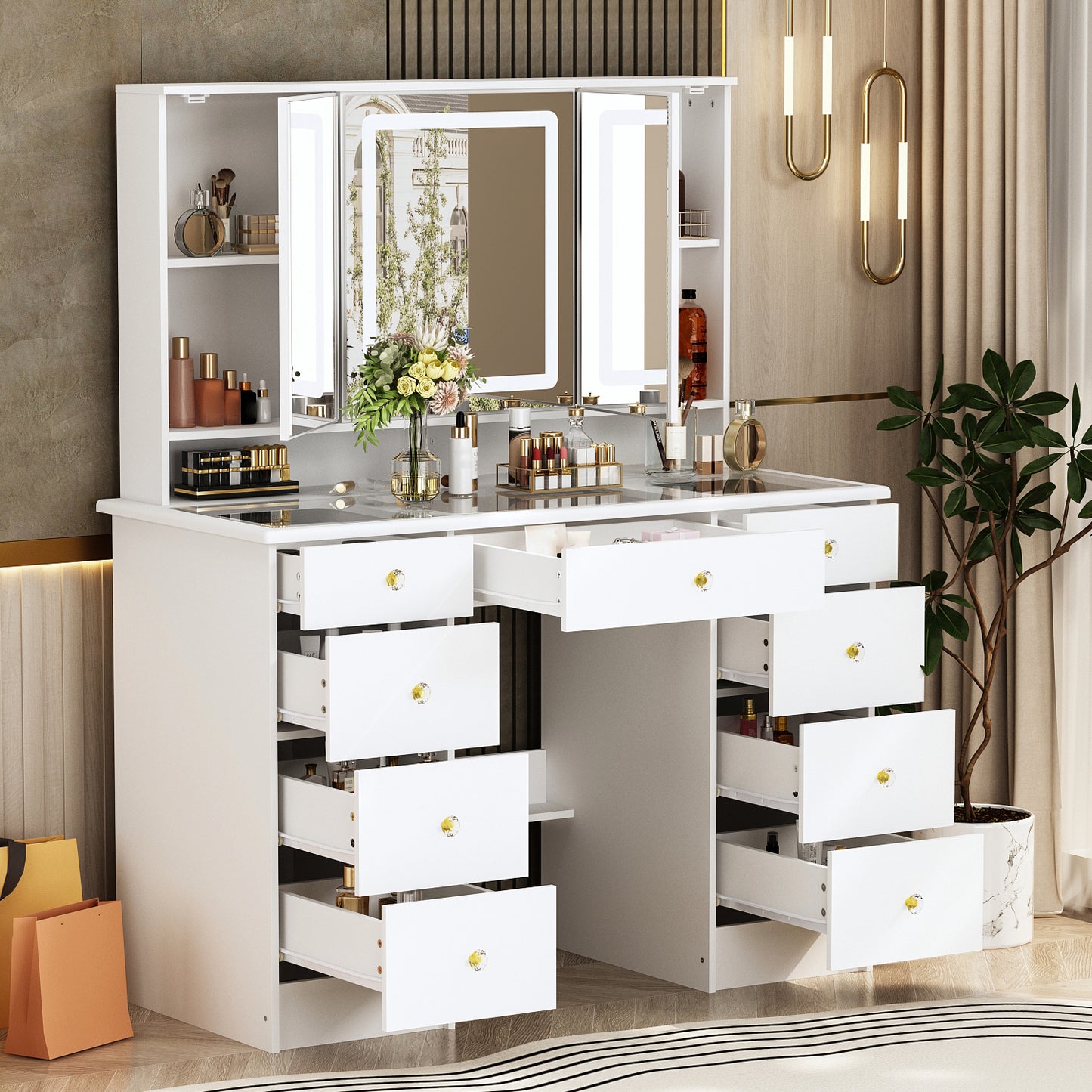 WIAWG Modern Adult Vanity Table Set with Glass Top&Mirror, LED Lights and 9 Drawers,White