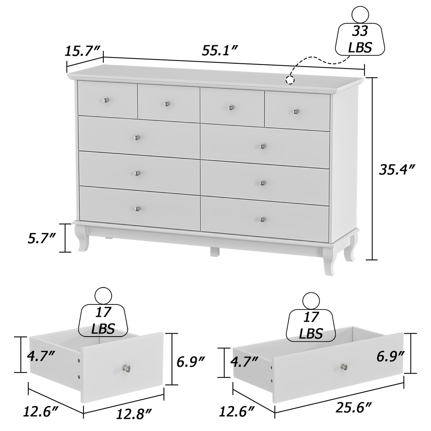 WIAWG 10 Drawer Double Dresser, Wood Dresser Chest of Drawers for Home Bedroom, White Closet Chest