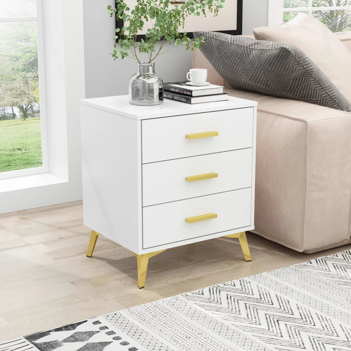WIAWG Modern Nightstand Set of 2 for Bedroom Side Table with 3 Drawers White-Gold