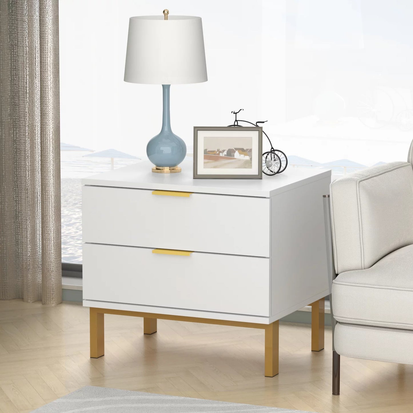 WIAWG Modern Nightstand Set of 2 for Bedroom/Living Room 2 Drawer End Table with Metal Handles White