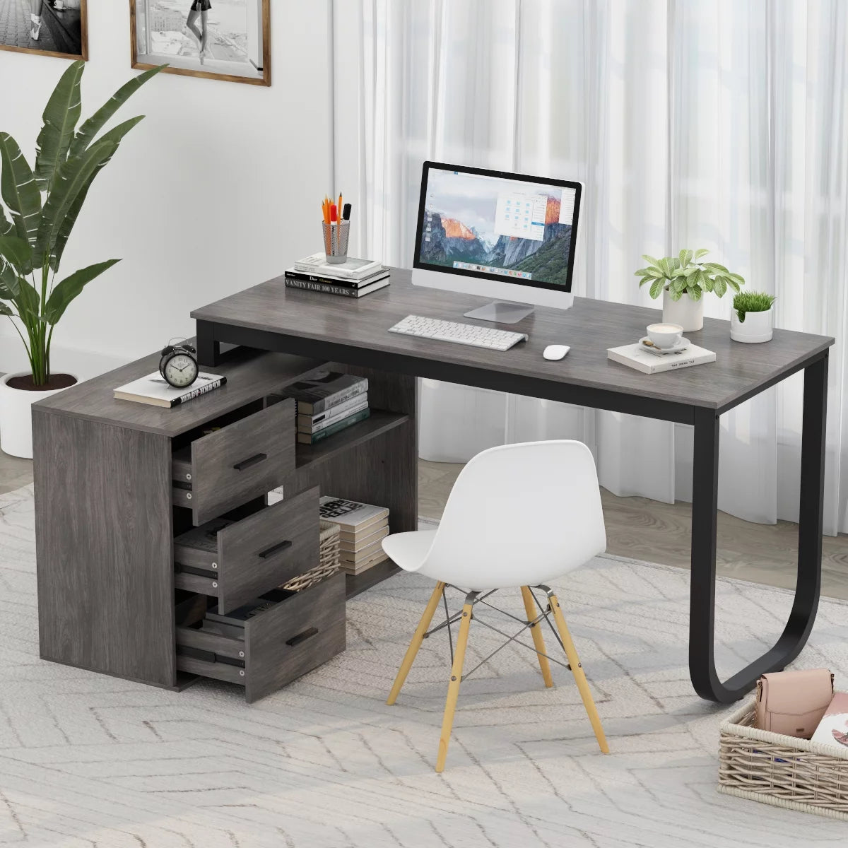 Modern Computer Desk with 3 Drawers Office Writing Desk with Hutch Gray